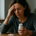 Žena s bolesťou hlavy a liekmi na stole