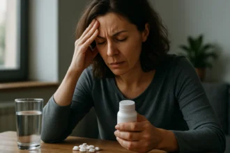 Žena s bolesťou hlavy a liekmi na stole