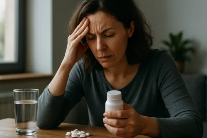 Žena s bolesťou hlavy a liekmi na stole