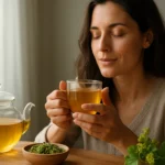 Žena vychutnáva alchemilkový čaj s relaxačným úsmevom.