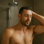 Muž si užíva studenú a teplú sprchu pre zlepšenie zdravia.