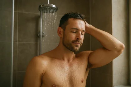 Muž si užíva studenú a teplú sprchu pre zlepšenie zdravia.