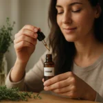 Žena používa esenciálny olej z tymiánu pre zdravie a relaxáciu.