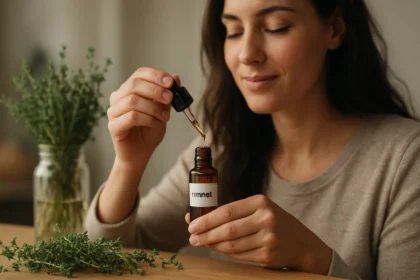 Žena používa esenciálny olej z tymiánu pre zdravie a relaxáciu.