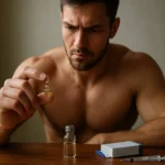 Muž skúma ampulku so steroidom Sustanon na stole.