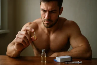 Muž skúma ampulku so steroidom Sustanon na stole.