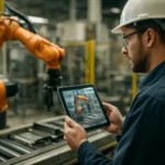Technik monitoruje robota na priemyselnej linke pomocou tabletu.
