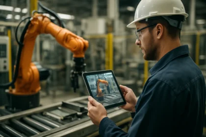 Technik monitoruje robota na priemyselnej linke pomocou tabletu.