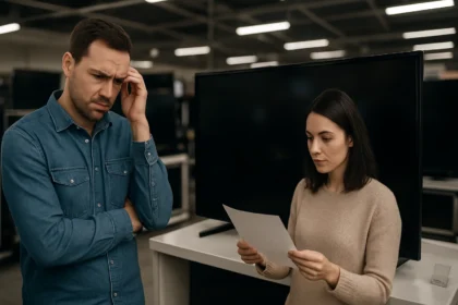 Zákazníci uvažujúci nad plazmovým televízorom v obchode