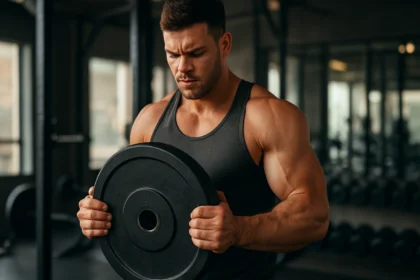 Muž cvičí s činkou v posilňovni na zvýšenie svalovej hmoty.