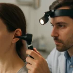 Lekár vyšetrujúci ucho pacienta pomocou otoskopu.