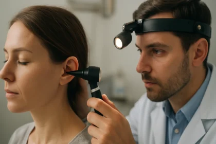 Lekár vyšetrujúci ucho pacienta pomocou otoskopu.