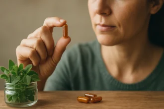 Žena drží oregano kapsuly, vedľa sú čerstvé bylinky