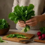 Čerstvé listy reďkovky pripravené na varenie a prípravu šalátov.