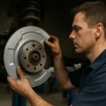 Mechanik inštaluje krycí plech brzdového kotúča na vozidlo.