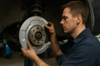 Mechanik inštaluje krycí plech brzdového kotúča na vozidlo.