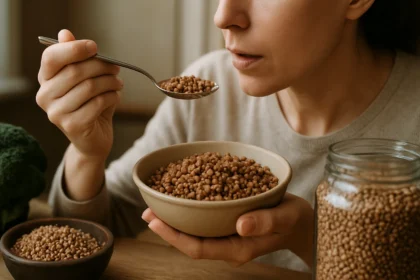 Žena vychutnáva si pohánku, zdravú a výživnú potravinu.