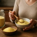 Kukuričná krupica v miske a sklenenej nádobe na drevenom stole.