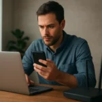 Muž pracuje na laptopu a kontroluje mobilný telefón