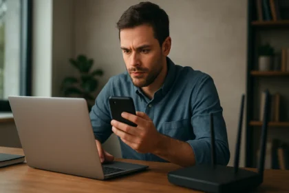 Muž pracuje na laptopu a kontroluje mobilný telefón