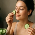 Žena s uhorkou na pleti pre sviežu a zdravú pleť