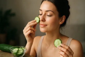 Žena s uhorkou na pleti pre sviežu a zdravú pleť