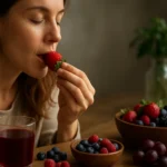 Žena si užíva jahodu a ovocie pre zdravotné výhody polyfenolov