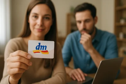 Žena ukazuje na DM kartu v interiéri, muž v pozadí sleduje.