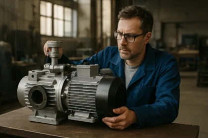 Muž skúma dvojstupňové vákuové čerpadlo v dielni.