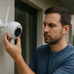 Muž inštaluje IP kameru na vonkajšej stene domu