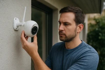 Muž inštaluje IP kameru na vonkajšej stene domu