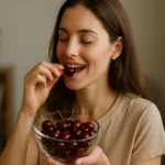 Žena si vychutnáva čerstvé višne z misky doma.