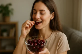 Žena si vychutnáva čerstvé višne z misky doma.