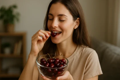 Žena si vychutnáva čerstvé višne z misky doma.