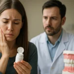 Žena s bolestivým zubom diskutuje o fluoride s zubárom.