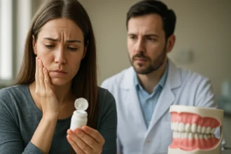 Žena s bolestivým zubom diskutuje o fluoride s zubárom.