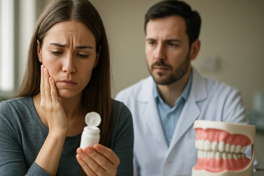 Žena s bolestivým zubom diskutuje o fluoride s zubárom.