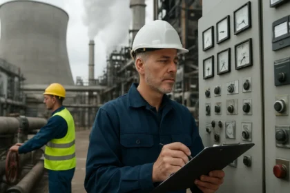 Technici kontrolujúci prevádzku tepelnej elektrárne