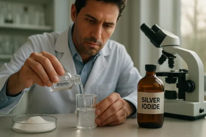 Laborant nalieva strieborný jodid do sklenenej nádoby.