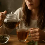 Žena zalejajúca železníkový čaj z čajníka do pohára na drevenom stole.