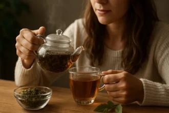 Žena zalejajúca železníkový čaj z čajníka do pohára na drevenom stole.