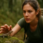 Žena pri výskume jašterice v prírode na machu.