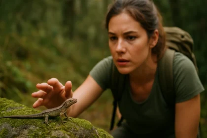 Žena pri výskume jašterice v prírode na machu.