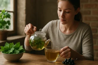 Žena nalieva čaj z listov čiernych ríbezlí do sklenenej šálky.