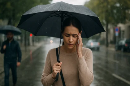 Žena pod dáždnikom, zdravie a počasie, vyžaduje pozornosť.