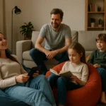 Rodina relaxuje na sedacích vakoch v modernom interiéri.