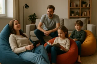 Rodina relaxuje na sedacích vakoch v modernom interiéri.