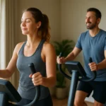 Pár cvičiaci na eliptických trenažéroch v pohodlí domova