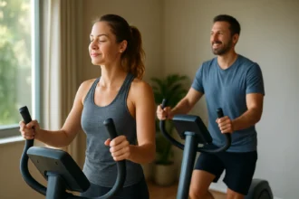 Pár cvičiaci na eliptických trenažéroch v pohodlí domova