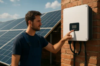 Muž nastavuje invertor pri solárnych paneloch na streche.